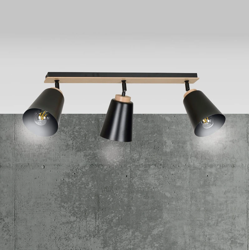 ATLAS 3 BLACK 725/3 plafon sufitowy spot ruchome regulowane klosze drewniane elementy