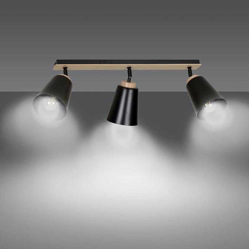 ATLAS 3 BLACK 725/3 plafon sufitowy spot ruchome regulowane klosze drewniane elementy 3