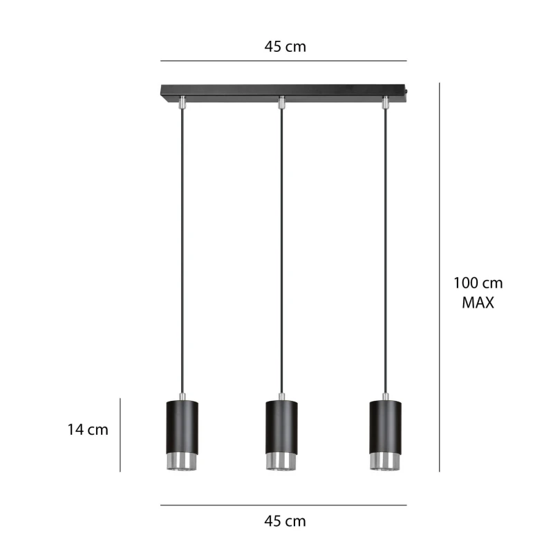 FUMIKO 3 BLACK-CHROME 816/3 designerski spot wiszący czarne tuby srebrne dodatki 5