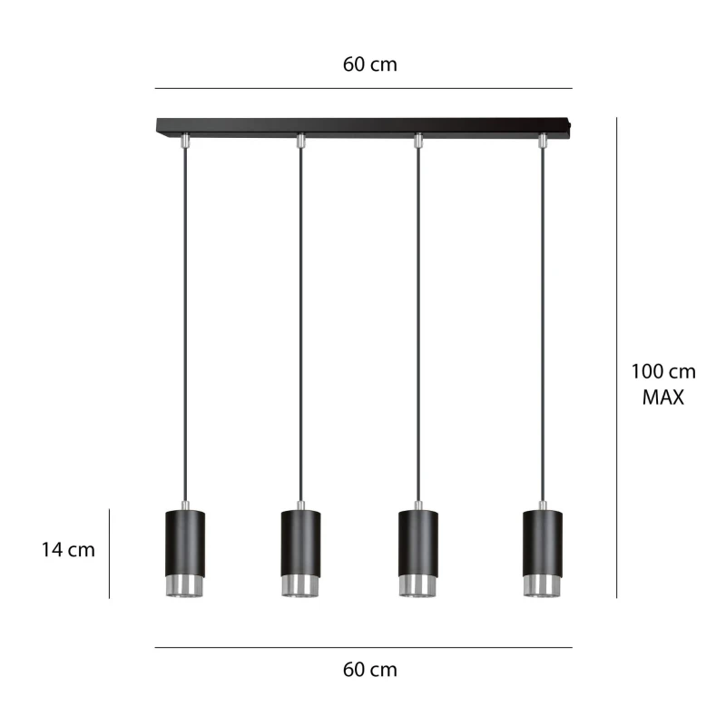 FUMIKO 4 BLACK-CHROME 816/4 designerski spot wiszący czarne tuby srebrne dodatki 3