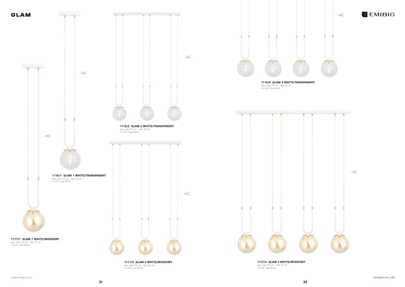 GLAM 1 WHITE/MIODOWY 1117/1 lampa wisząca szklane klosze GLAMOUR 4