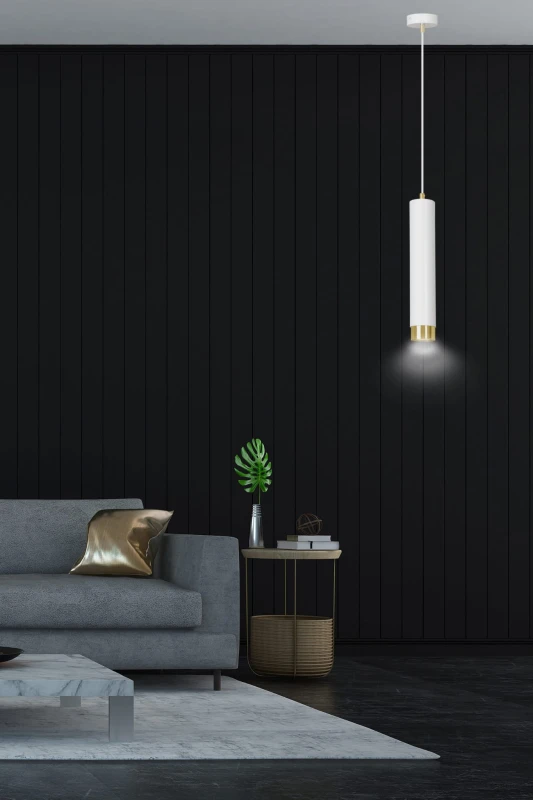 KIBO 1 WHITE-GOLD 642/1 designerski spot wiszący biała tuba złote dodatki 7