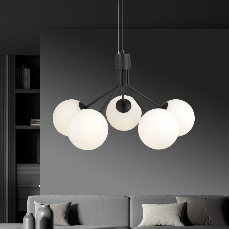 NOVA 5  BLACK/OPAL 1138/5 lampa wisząca design szklane klosze