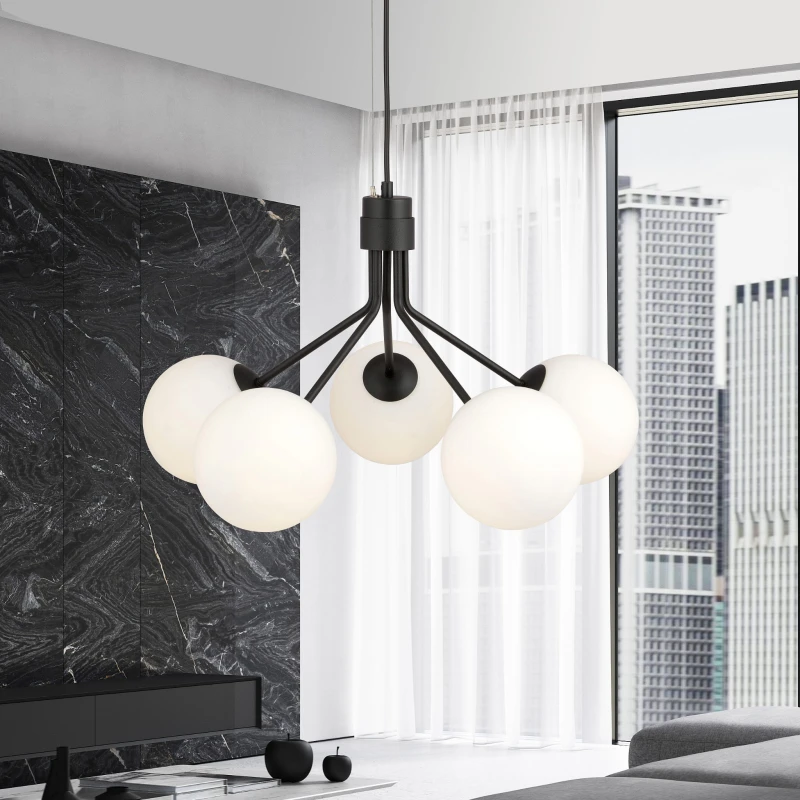 NOVA 5  BLACK/OPAL 1138/5 lampa wisząca design szklane klosze 3