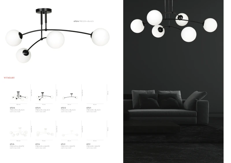 PREGOS 4 BLACK 670/4 oryginalna lampa sufitowa czarna LOFT szklane mleczne klosze 6