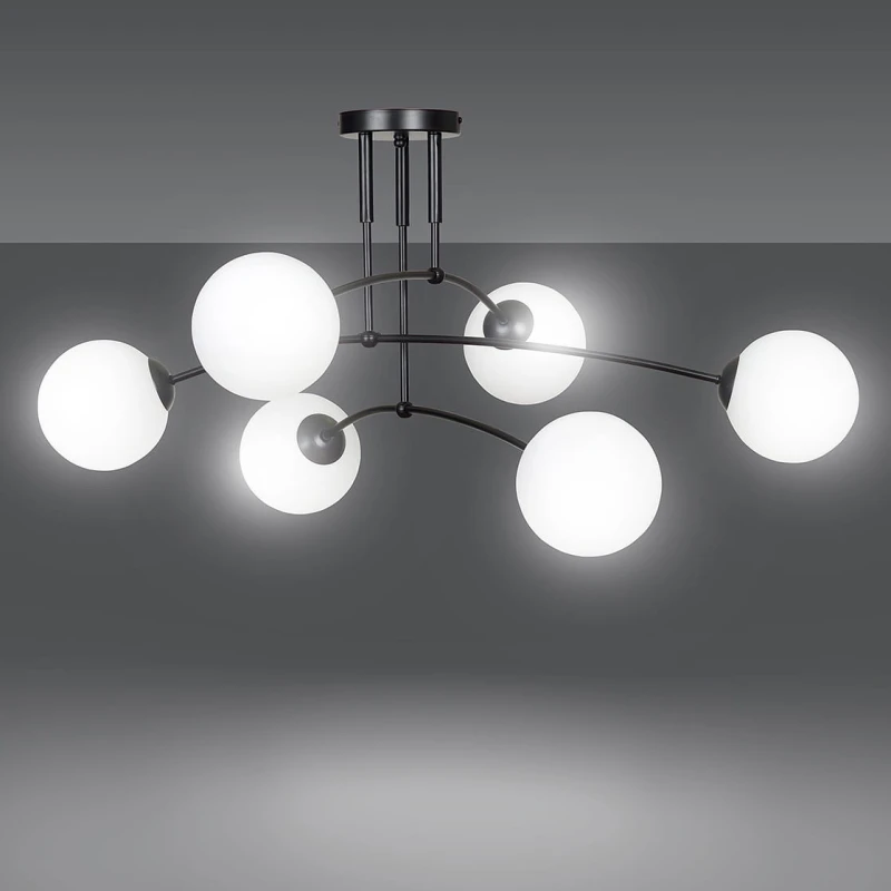 PREGOS 6 BLACK 670/6 oryginalna lampa sufitowa czarna LOFT szklane mleczne klosze