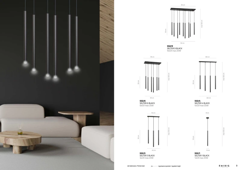 SELTER 4 BLACK 552/4 designerski spot wiszący halogen punktowy tuby czarne długie 5