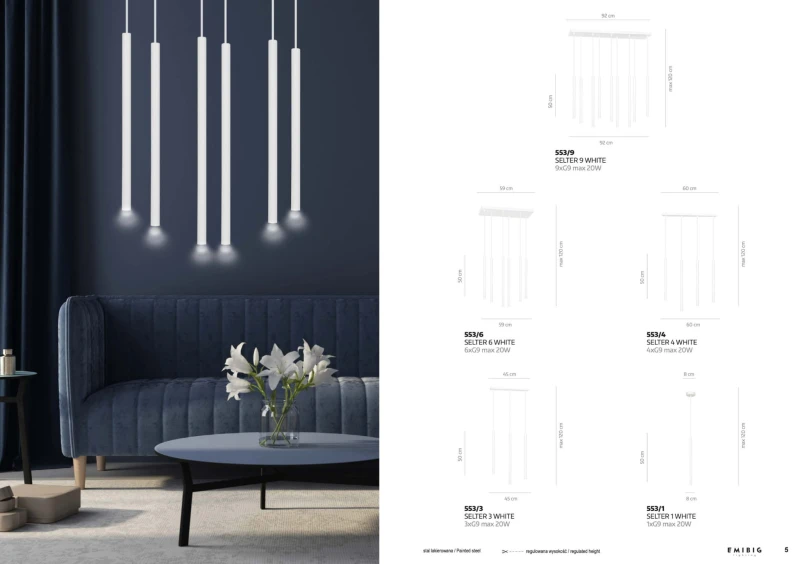 SELTER 9 WHITE 553/9 designerski spot wiszący halogen punktowy tuby białe długie 5